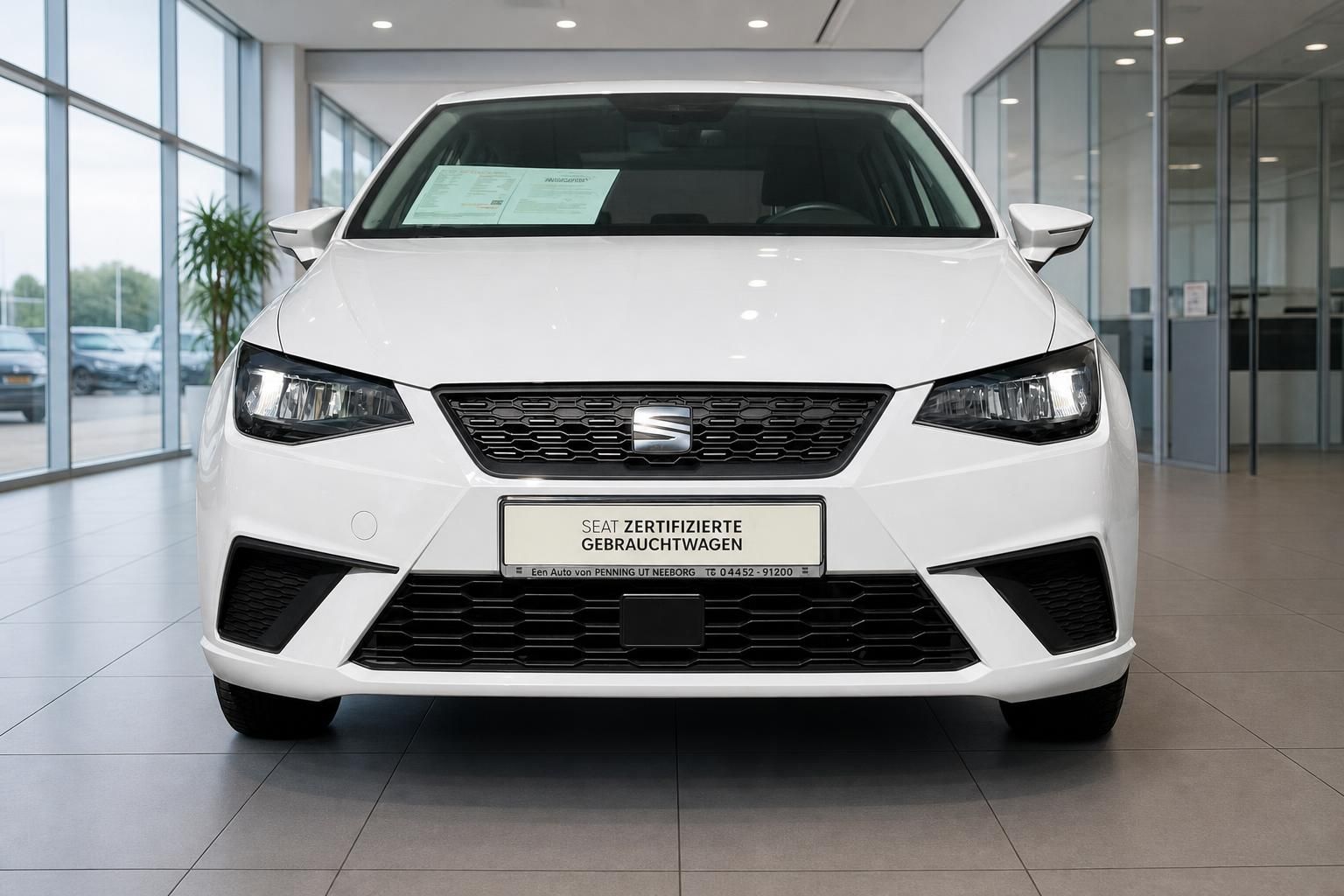 SEAT Ibiza weiß, Frontansicht im Showroom