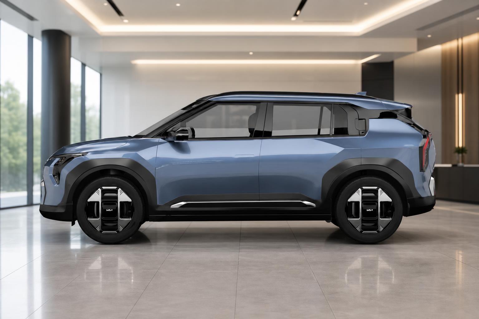 Kia EV3 blau, Seitenansicht im Autohaus präsentiert