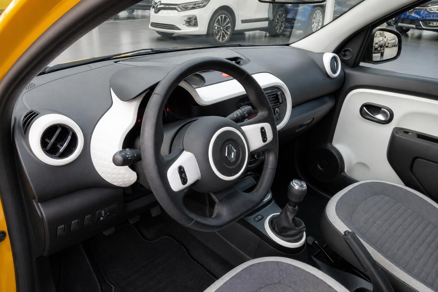 Renault Twingo Fahrerseite Innenraum – Lenkrad, Schalthebel und Cockpit in Schwarz-Weiß