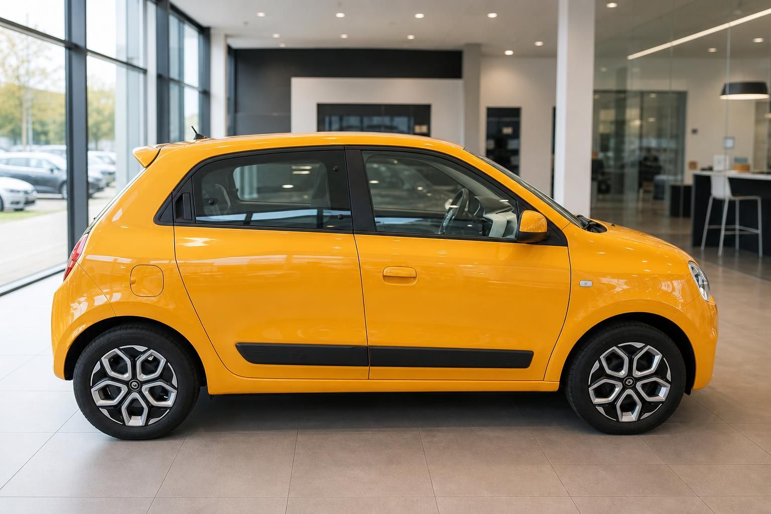 Renault Twingo gelb Seitenansicht im Autohaus – kompakter 5-türiger Kleinwagen