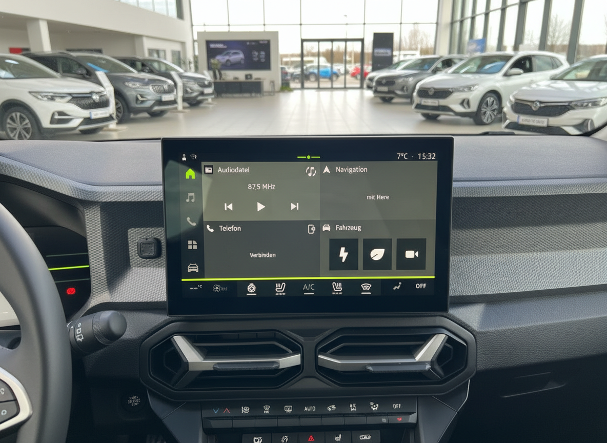 Dacia Duster Innenraum mit Infotainment-Touchscreen, Navigationssystem und Klimasteuerung im Autohaus