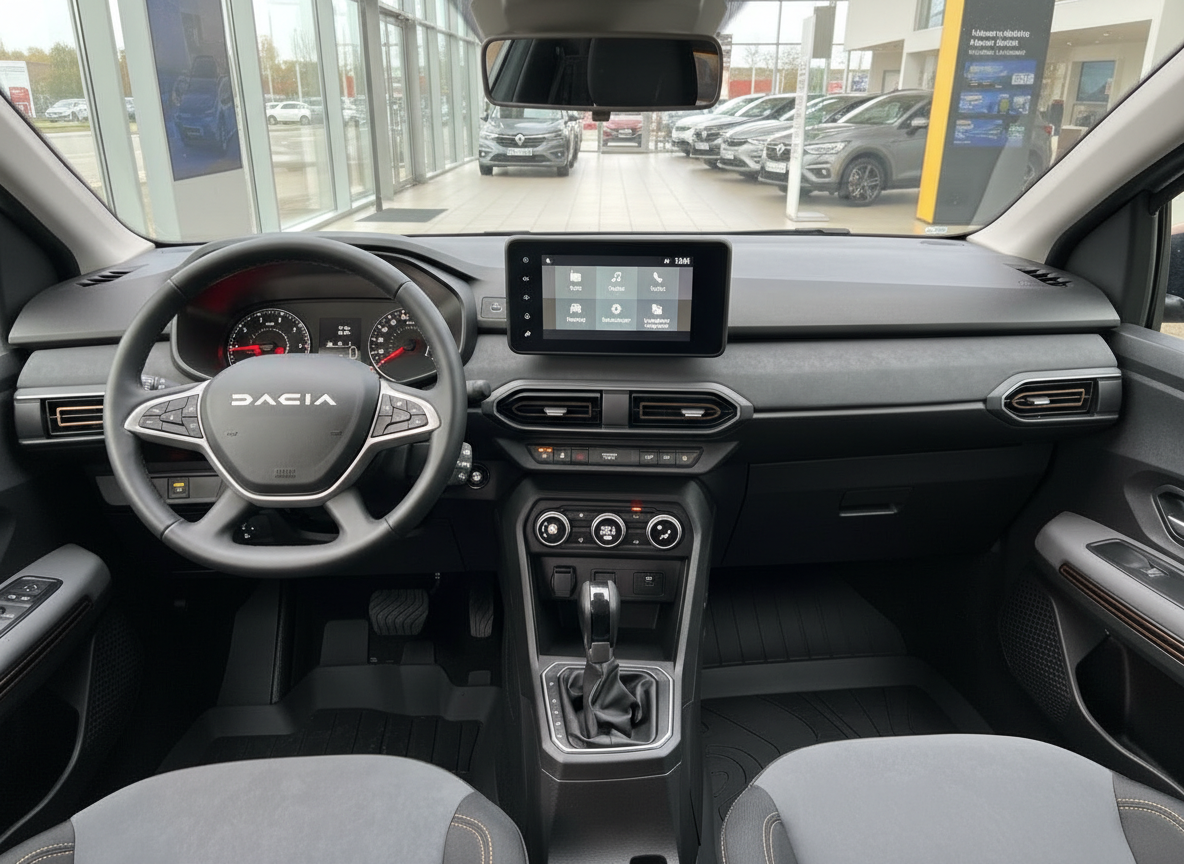 Dacia Innenraum mit Touchscreen, Lenkrad und Schaltgetriebe im Autohaus