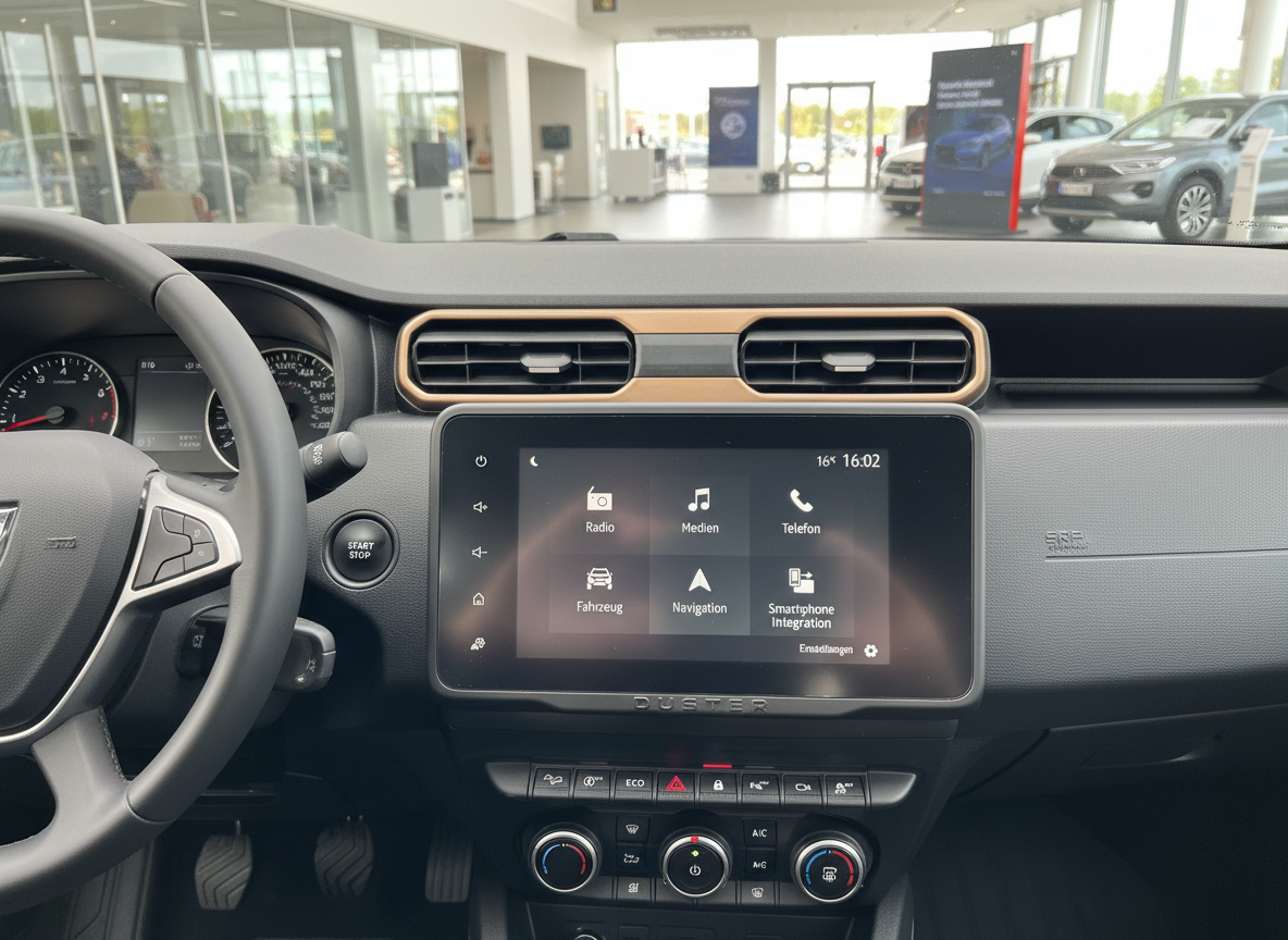 Dacia Duster Innenraum mit Infotainment-Display und Multimediasystem im Autohaus
