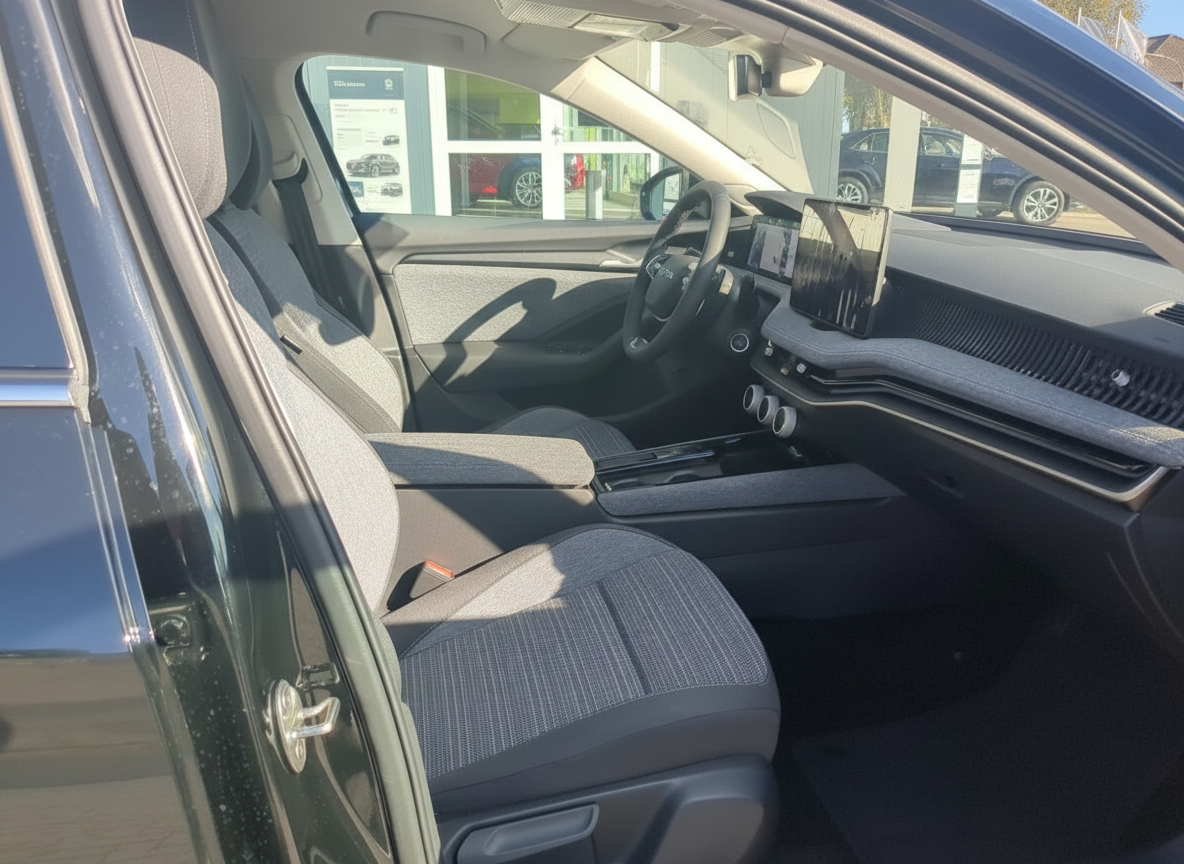 Innenraum Skoda mit Stoffsitzen, Touchscreen-Display und modernem Cockpit vom Beifahrersitz aus