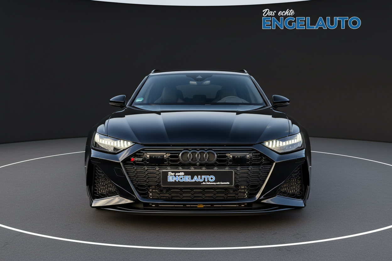 Schwarzer Audi RS6 Avant Frontansicht mit LED-Matrix-Scheinwerfern und Singleframe-Kühlergrill im Showroom bei Engelauto Händler