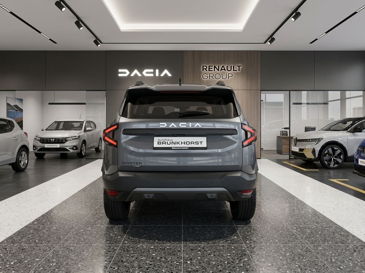 Dacia Bigster grau Heckansicht im Autohaus Showroom - moderne LED-Rückleuchten