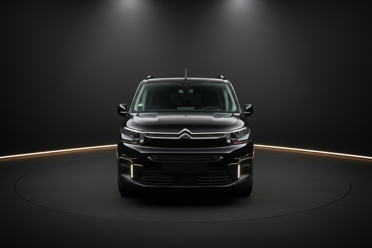 Schwarzer Citroën Berlingo Frontansicht im Fotostudio