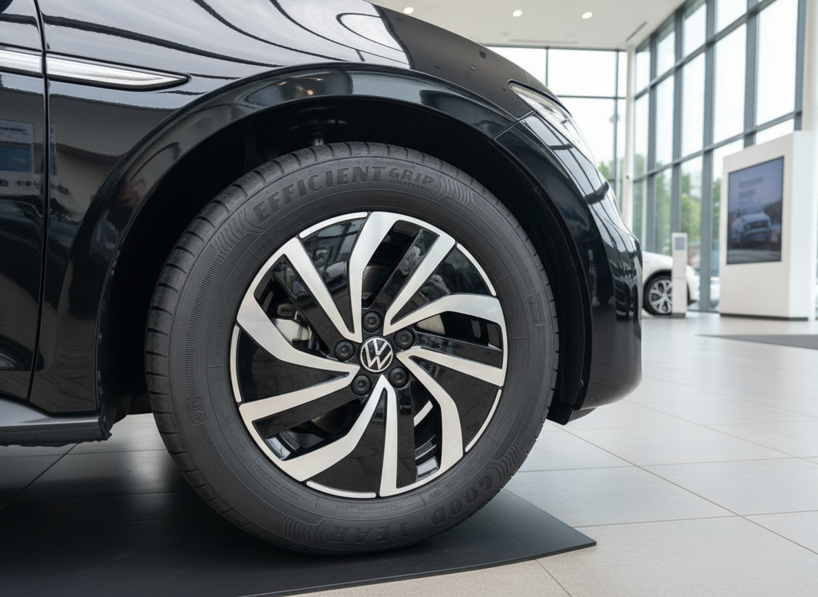 Schwarzer Volkswagen Detailaufnahme Felge mit Goodyear EfficientGrip Reifen im Autohaus