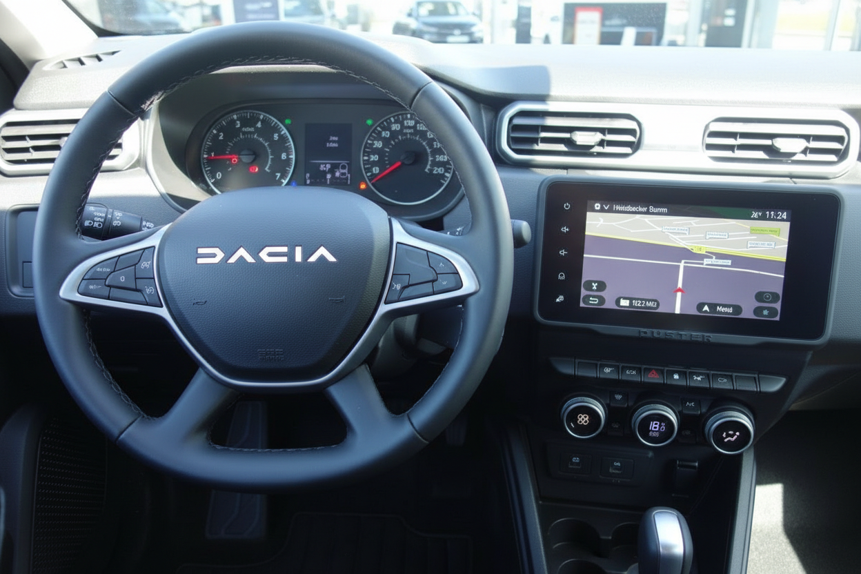 Dacia Duster Innenraum mit Lenkrad, Cockpit und Navigationssystem