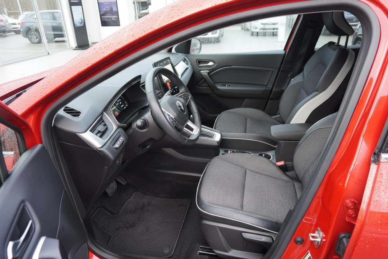 Roter Renault Zoe Innenraum mit schwarzen Stoffsitzen und digitalem Cockpit