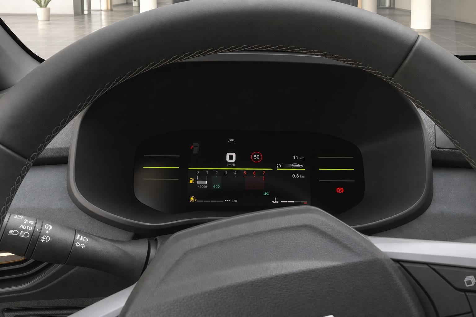 Digitales Kombiinstrument mit Drehzahlmesser, Tachoanzeige und LPG-Anzeige im Fahrzeuginnenraum