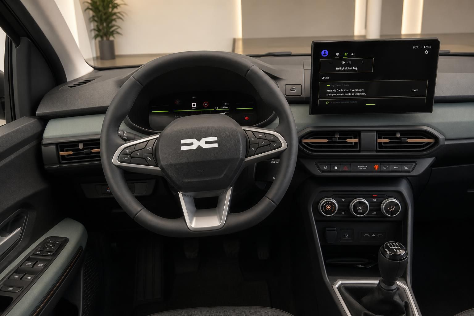 Dacia Cockpit mit Lenkrad, digitalem Tacho und Infotainment-Touchscreen