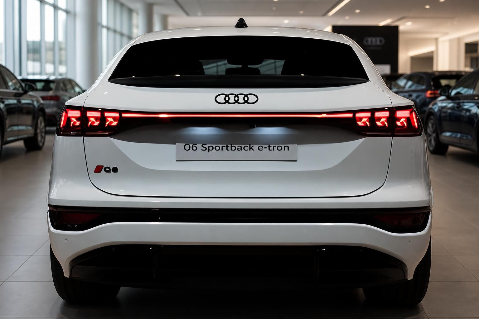 Audi Q6 Sportback e-tron weiß Heckansicht im Autohaus Showroom