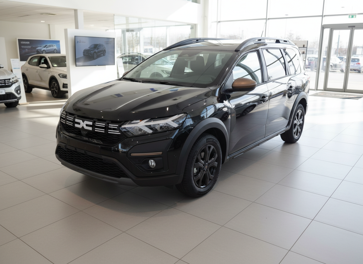 Schwarzer Dacia Jogger 7-Sitzer im Autohaus-Showroom, Frontansicht