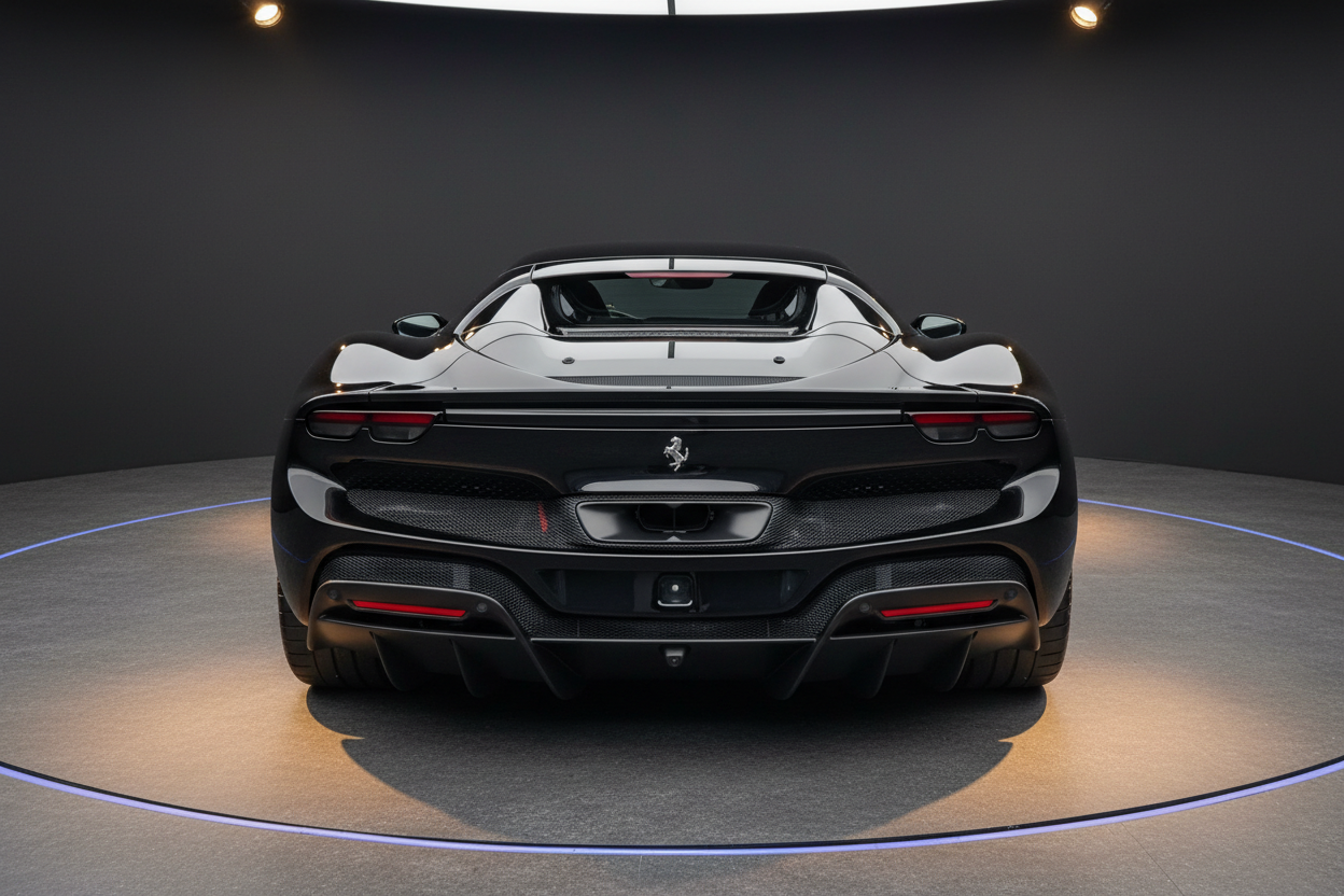 Ferrari 296 GTB Heckansicht in Schwarz auf Showroom-Drehbühne mit aerodynamischem Diffusor, LED-Rückleuchten und zentralem Auspuff