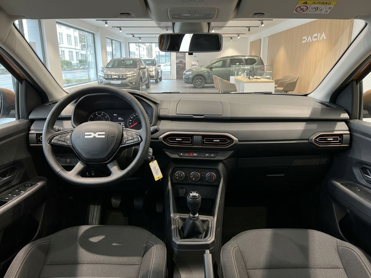 Dacia Innenraum mit Lenkrad, Armaturenbrett und Mittelkonsole im Autohaus