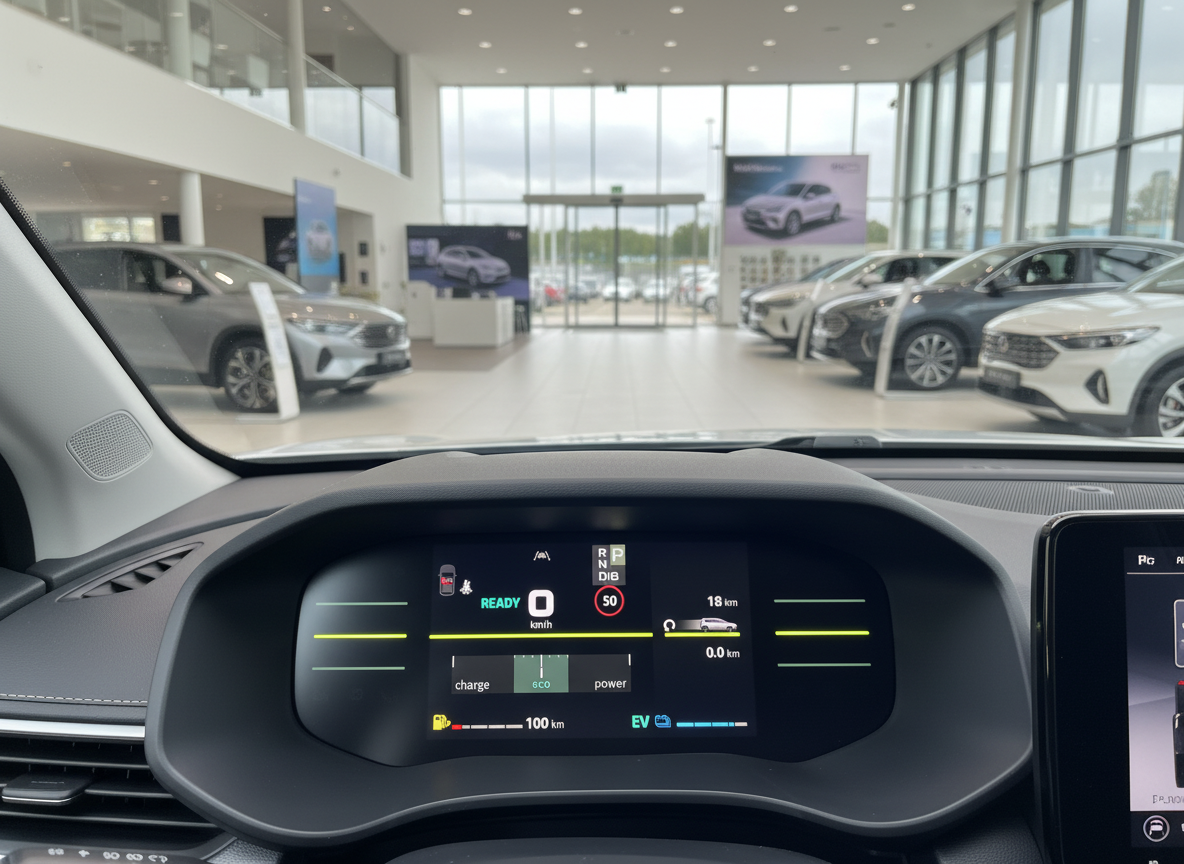 Kia Hybrid Innenraum mit digitalem Kombiinstrument im Autohaus – Cockpit-Ansicht