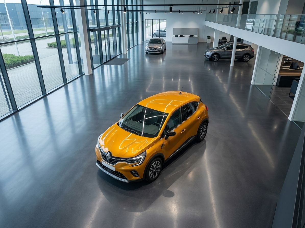 Gelber Renault SUV in modernem Autohaus Showroom aus der Vogelperspektive