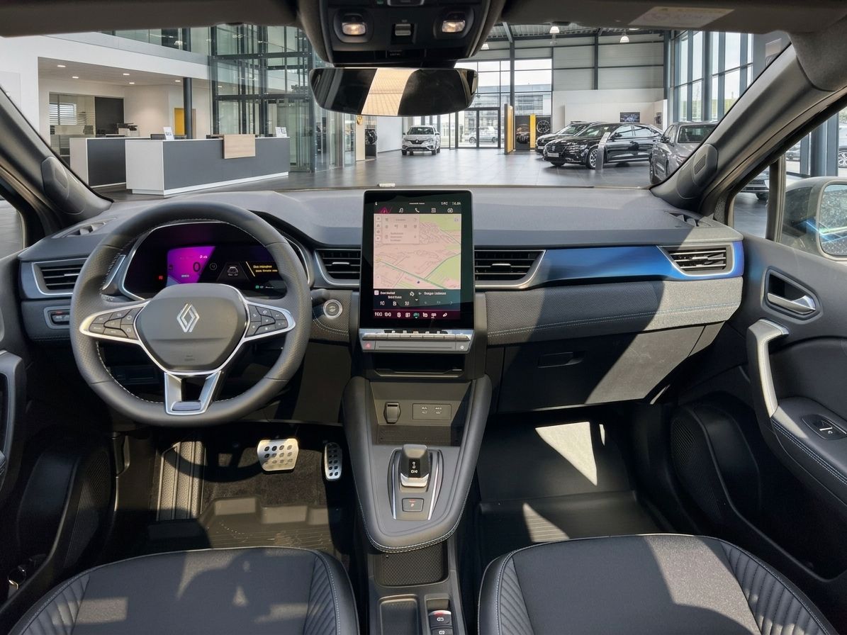 Renault Innenraum mit modernem Cockpit, Touchscreen und Lenkrad im Autohaus-Showroom