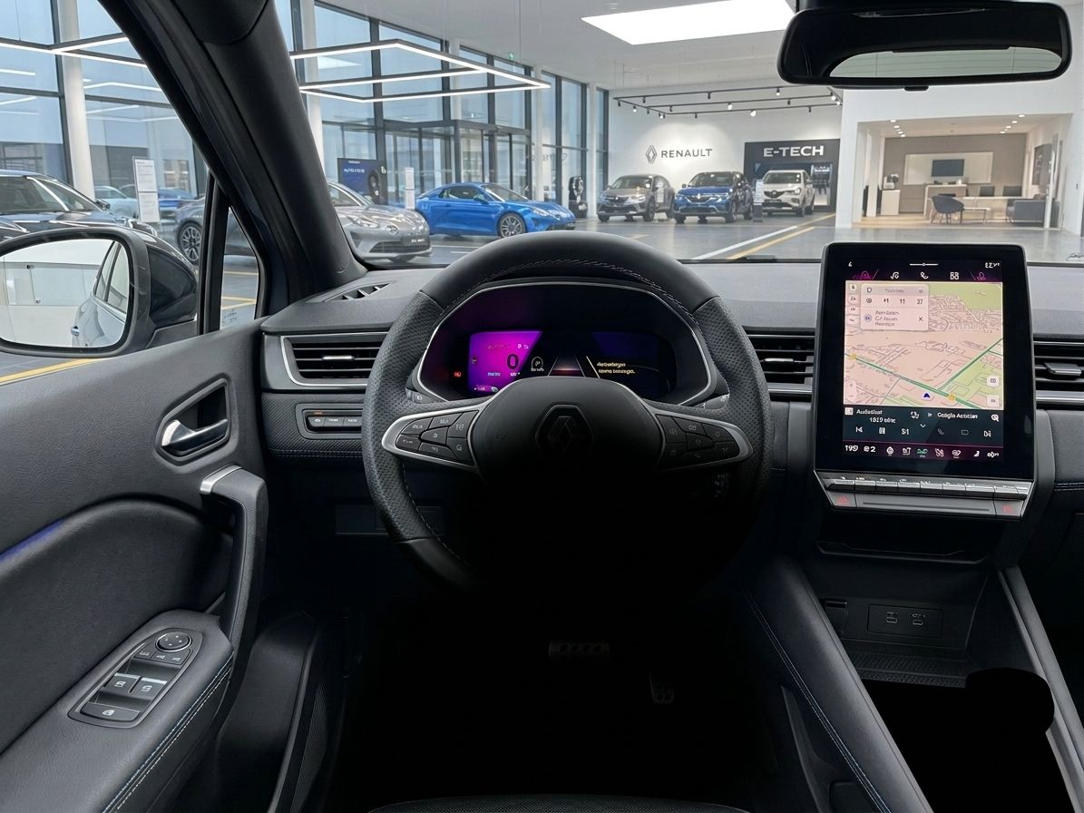 Fahrzeug-Cockpit mit digitalem Display, Navigationssystem und Lenkrad in modernem Design