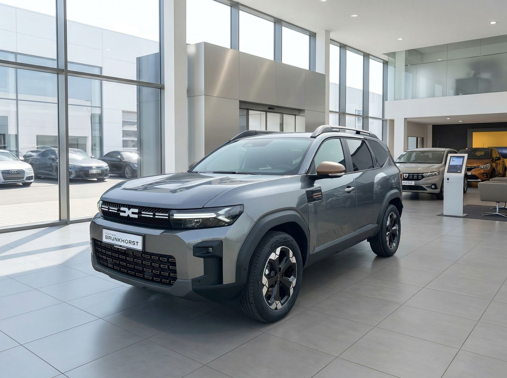 Grauer Dacia SUV im modernen Autohaus Showroom - Frontansicht mit Dachgepäckträger