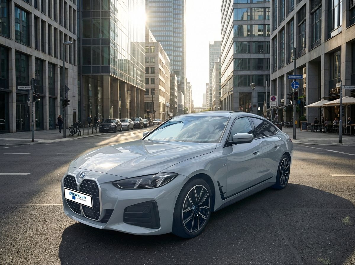 BMW 4er Gran Coupé in Grau im Autohaus Beutler Showroom mit großen Fensterfronten und modernem Interieur