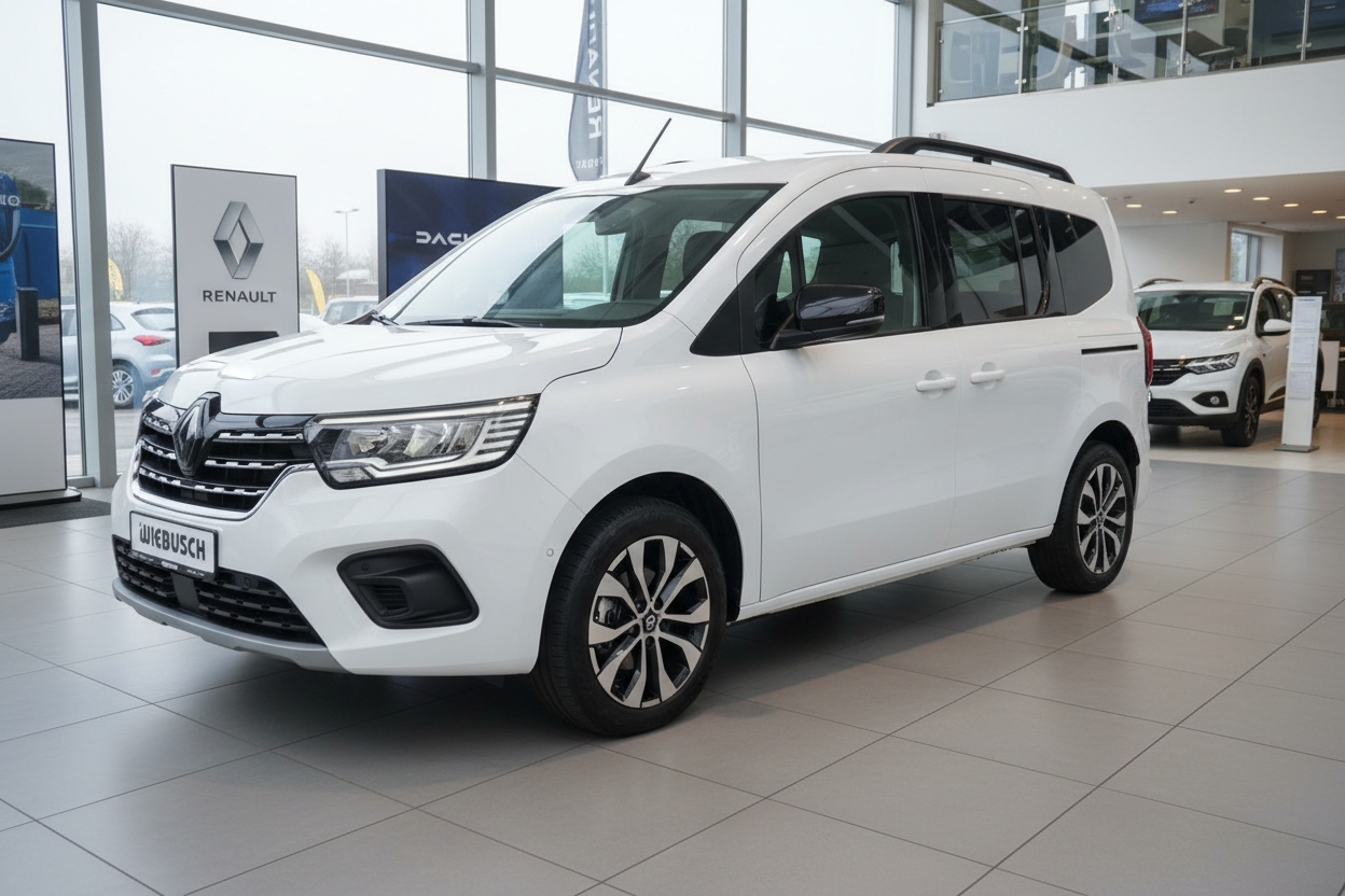 Weißer Renault Kangoo E-Tech Großraumvan im Autohaus Wiebusch Showroom