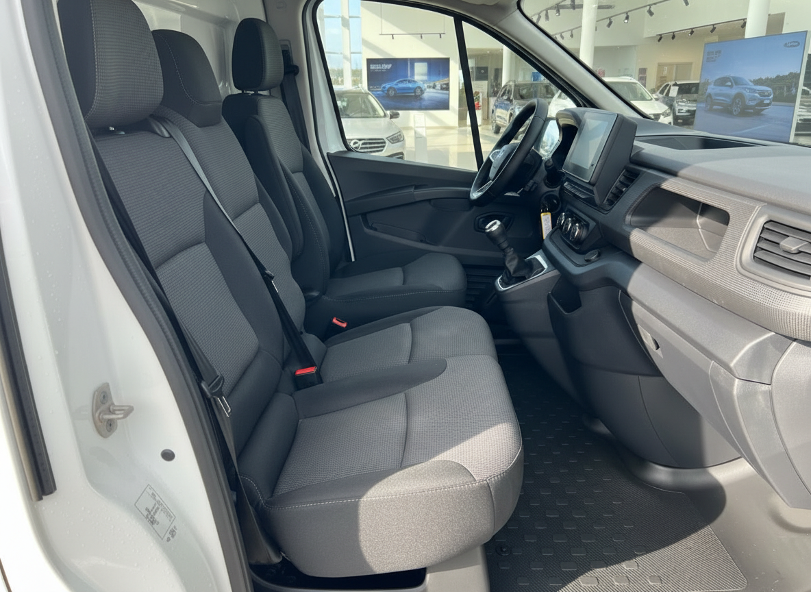 Ford Transit Custom Innenraum mit grauem Stoff-Dreisitzer und modernem Cockpit im Autohaus