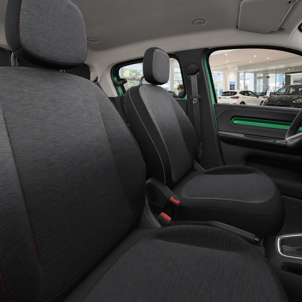 Innenraum eines grünen Fahrzeugs mit grauen Stoffsitzen und grünen Akzenten im Autohaus