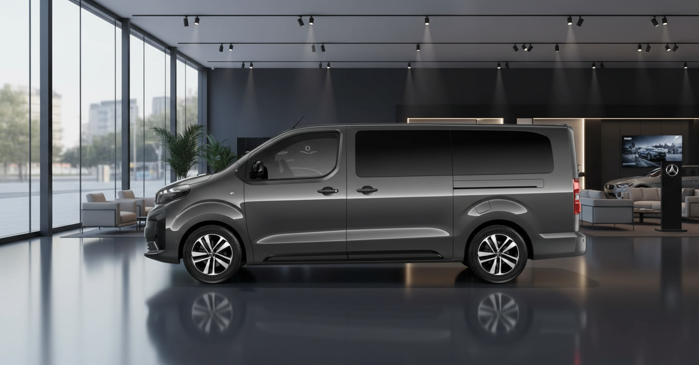 Grauer Toyota Proace Verso Transporter in modernem Autohaus-Showroom mit großen Fenstern und spiegelndem Boden – Seitenansicht