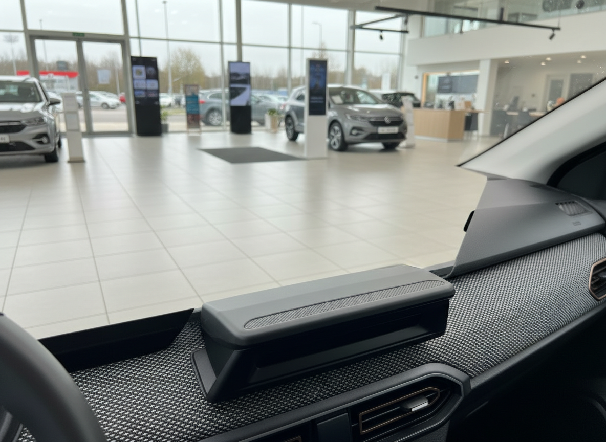 Innenraum Armaturenbrett VW im Autohaus Showroom mit Textil-Dekor und Lüftungsdüsen