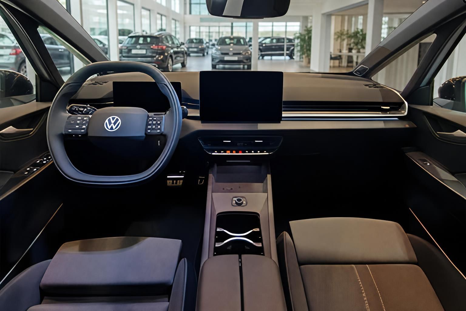 VW ID Modell Cockpit mit Lenkrad und Displays im Autohaus