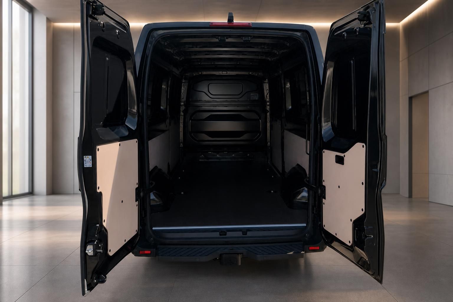 Laderaum eines schwarzen Transporters mit geöffneten Hecktüren
