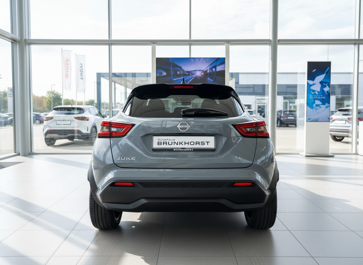 Nissan Juke in Grau Heckansicht im Autohaus Brunkhorst Showroom