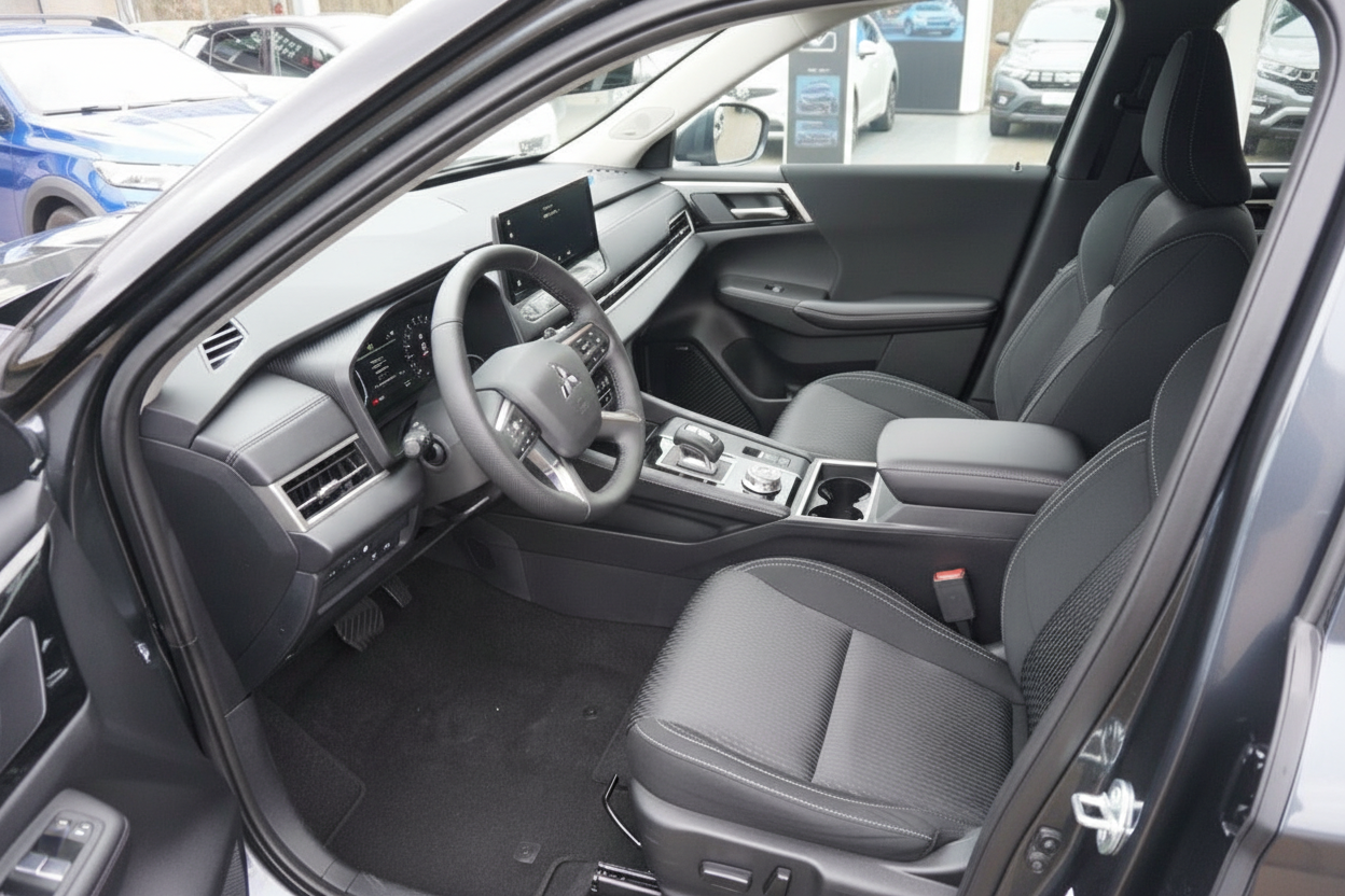 Mitsubishi Innenraum mit schwarzen Sitzen, Cockpit und Infotainment-Display