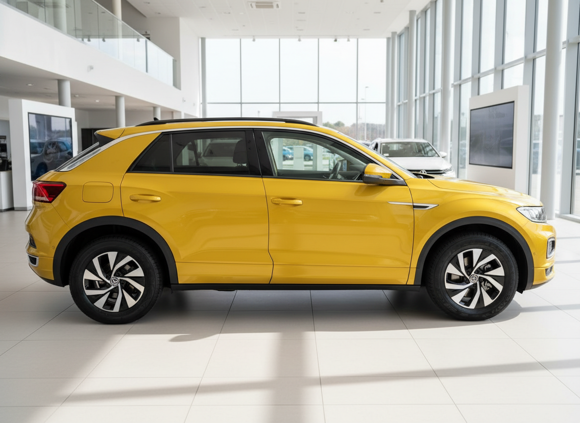 Gelber Volkswagen T-Roc SUV Seitenansicht im Autohaus Showroom