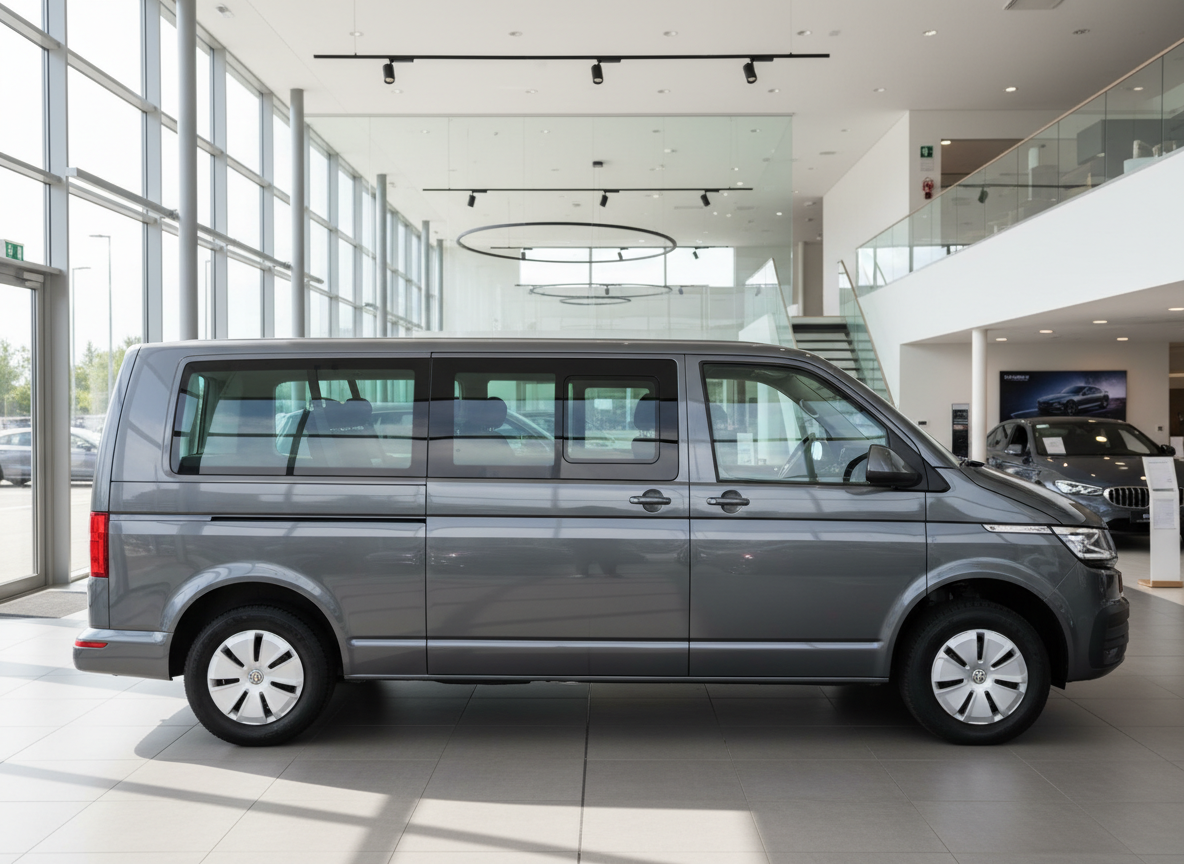 Grauer Volkswagen Transporter T6 Caravelle im Autohaus-Showroom, Seitenansicht