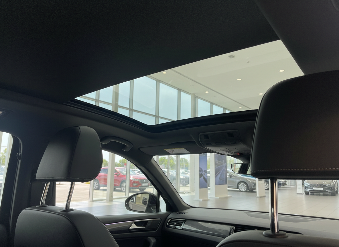 Fahrzeug-Innenraum mit Panoramadach und schwarzen Ledersitzen im Autohaus