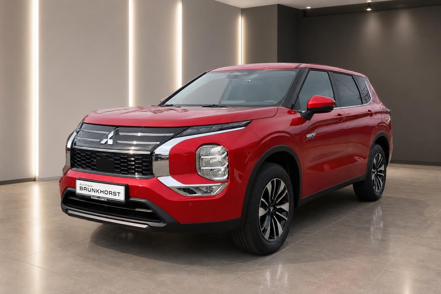 Roter Mitsubishi SUV in modernem Showroom - Frontansicht mit eleganter Beleuchtung