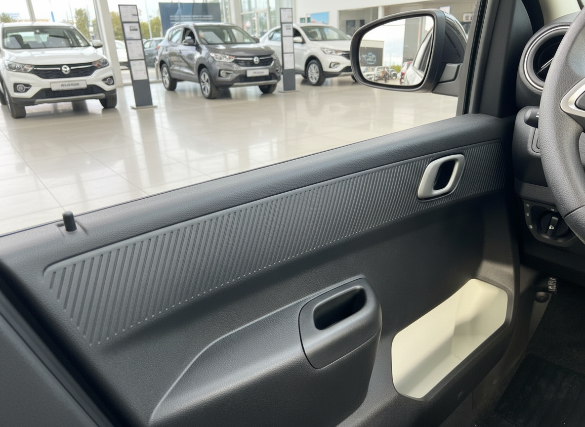 Fahrzeuginnenraum Türverkleidung mit Blick in Autohaus-Showroom mit mehreren SUV-Modellen