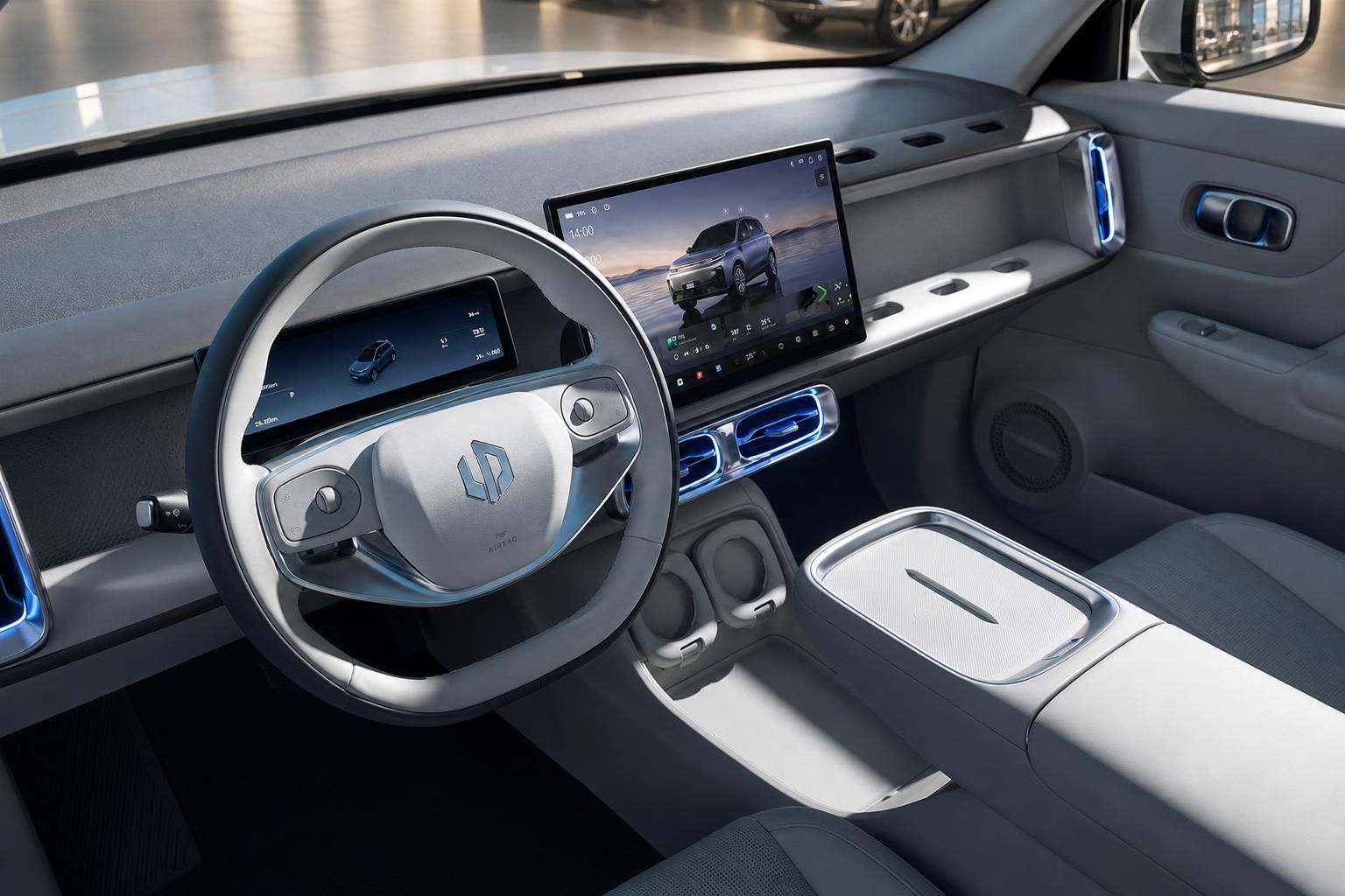 Cockpit Detailansicht mit Lenkrad und Infotainment-Display