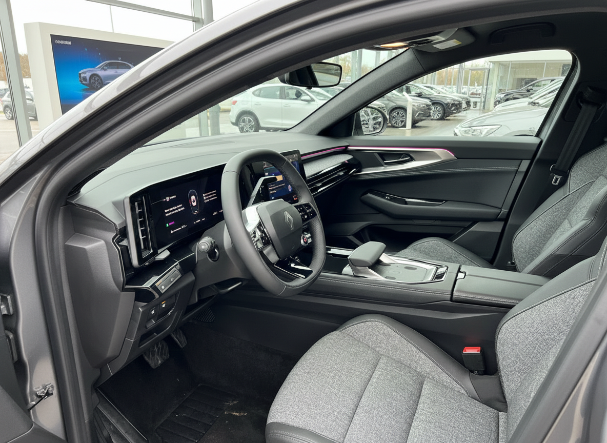 Renault Innenraum mit digitalem Cockpit, großem Touchscreen und grauen Stoffsitzen im Autohaus
