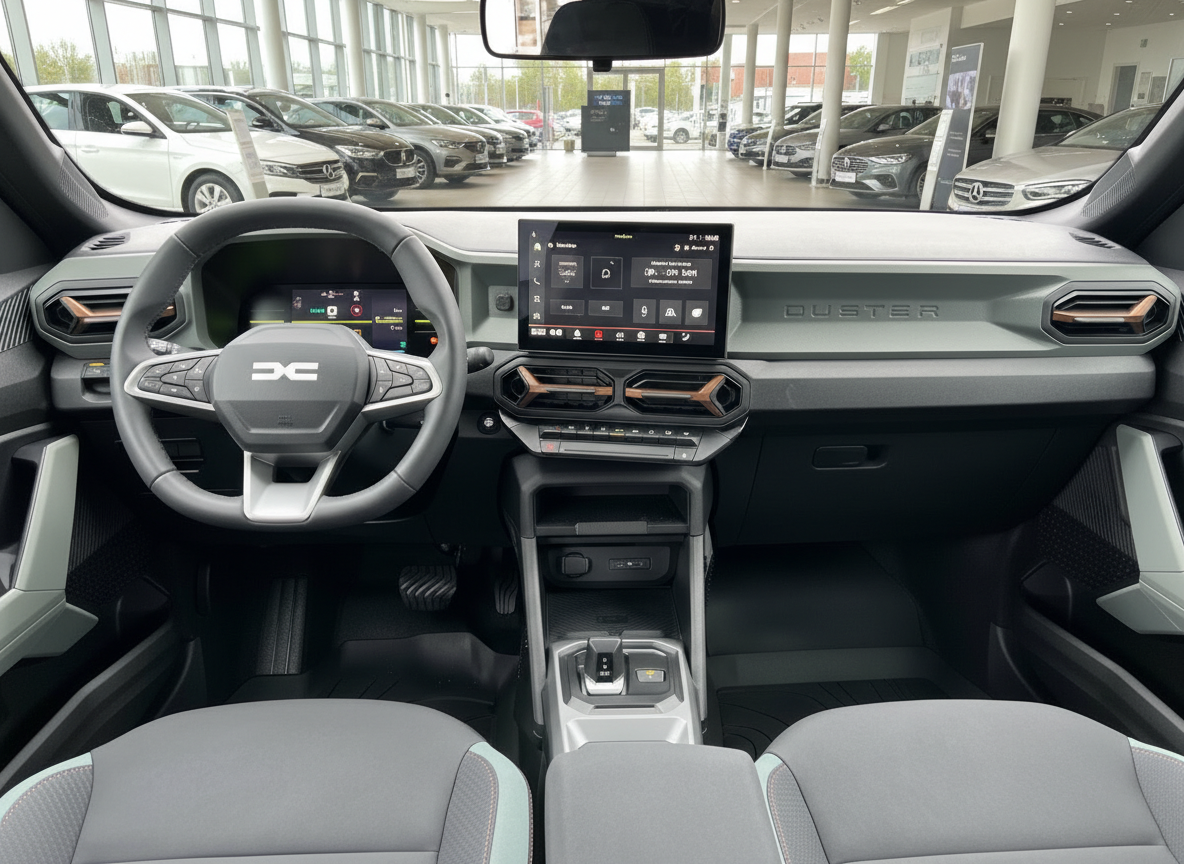 Dacia Duster Innenraum mit Touchscreen, Lederlenkrad und grauem Interieur im Autohaus