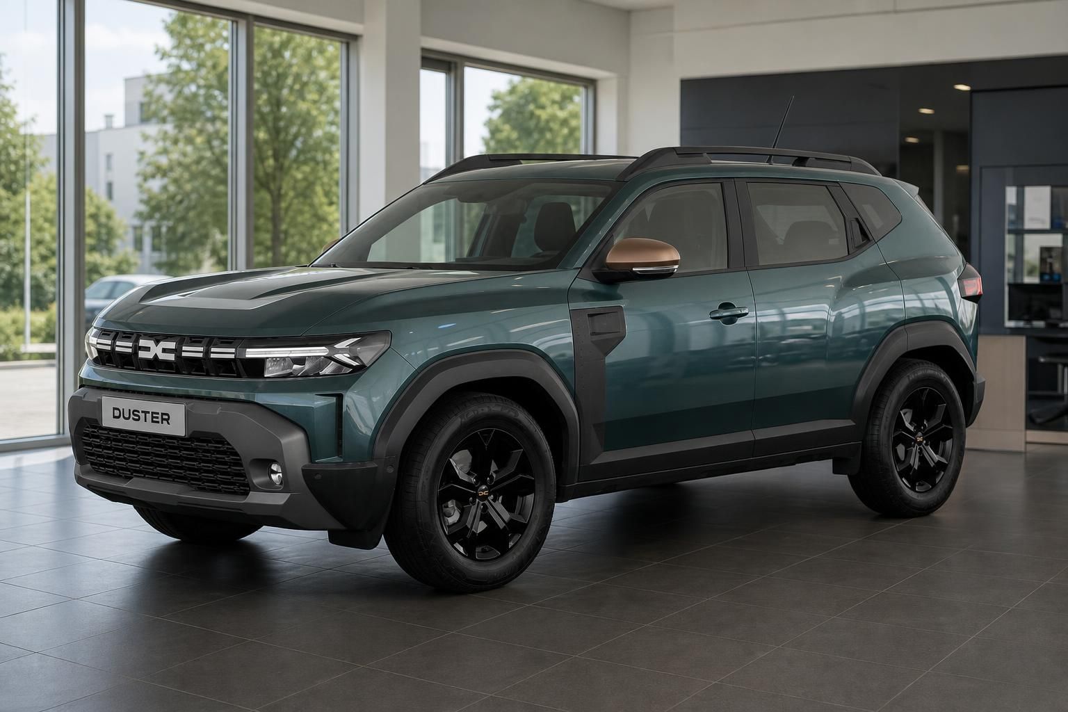 Dacia Duster grün Frontansicht im Autohaus Showroom