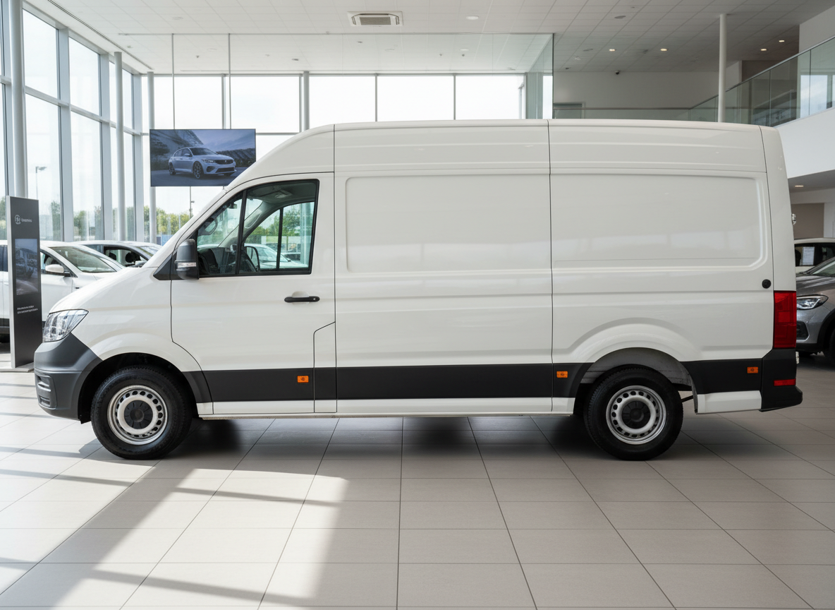 Weißer Volkswagen Crafter Kastenwagen Hochdach seitliche Ansicht im Autohaus