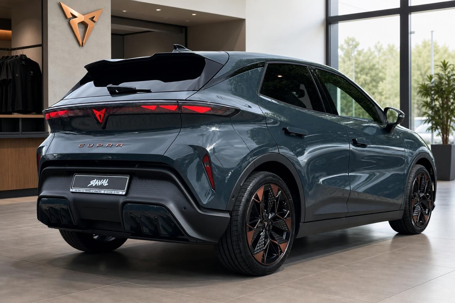 Cupra Formentor Heckansicht mit markanten Rückleuchten im Showroom