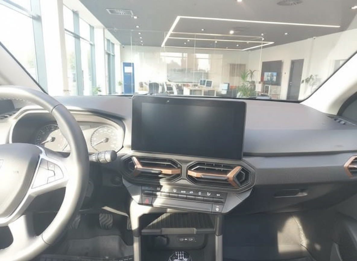 Fahrzeug Innenraum mit großem Touchscreen, modernem Cockpit und kupferfarbenen Lüftungsdüsen