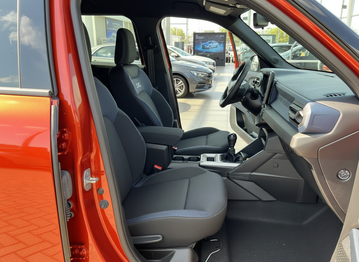 Dacia Innenraum Fahrersitz und Mittelkonsole mit Schaltgetriebe in orangenem Fahrzeug im Autohaus