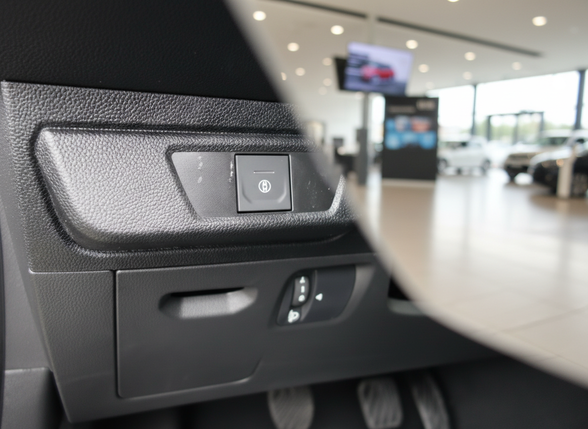 Fahrzeuginnenraum mit elektronischer Feststellbremse und Spiegelverstellung im Autohaus