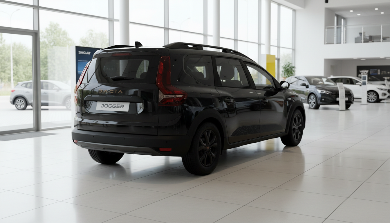 Schwarzer Dacia Jogger Heckansicht im Autohaus Showroom